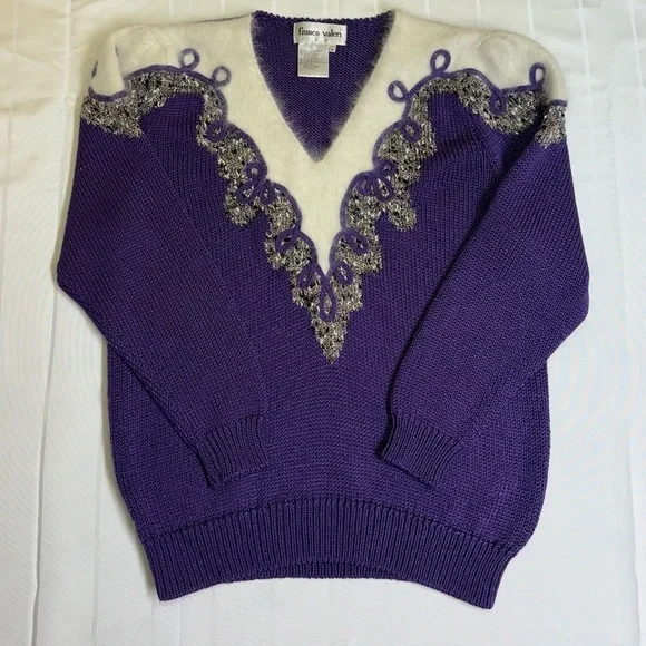 VTG Franco Valerie Angora Rabbit Blend embellished V-Neck Sweater Purple - Picture 2 of 12